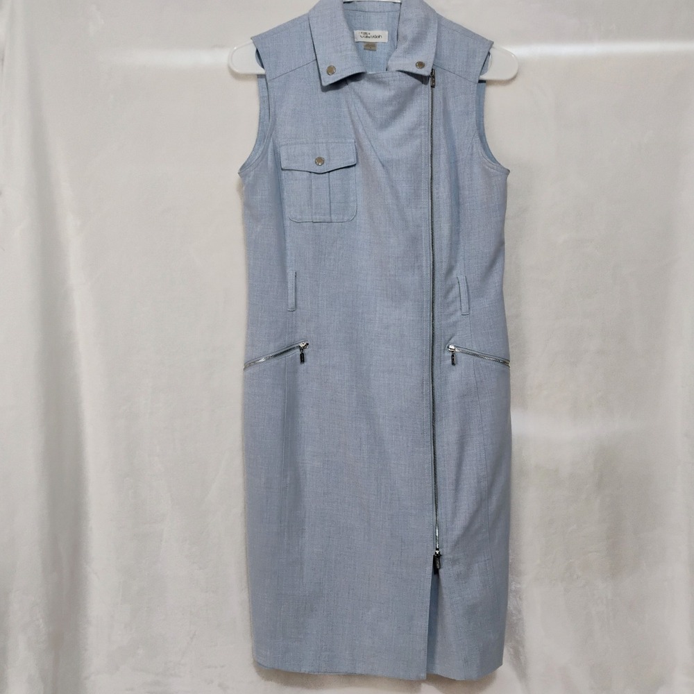Calvin Klein Light Blue Sz 6 Sleeveless Asymmetrical Zip Utility Sheath‎ Dress X